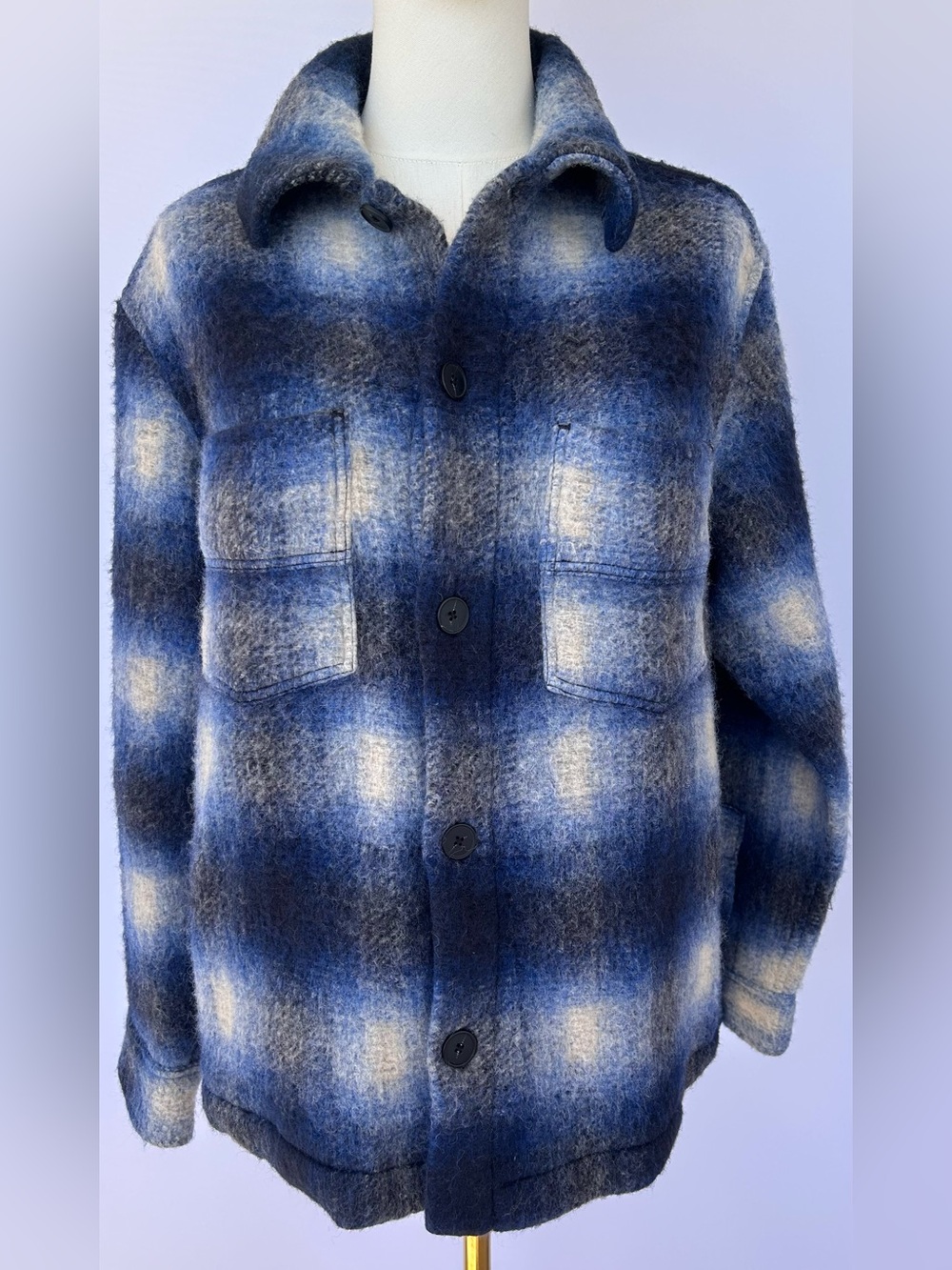 Zara Women’s Textured Shadow Plaid Overshirt/Shacket Blue/Black/White Size Small